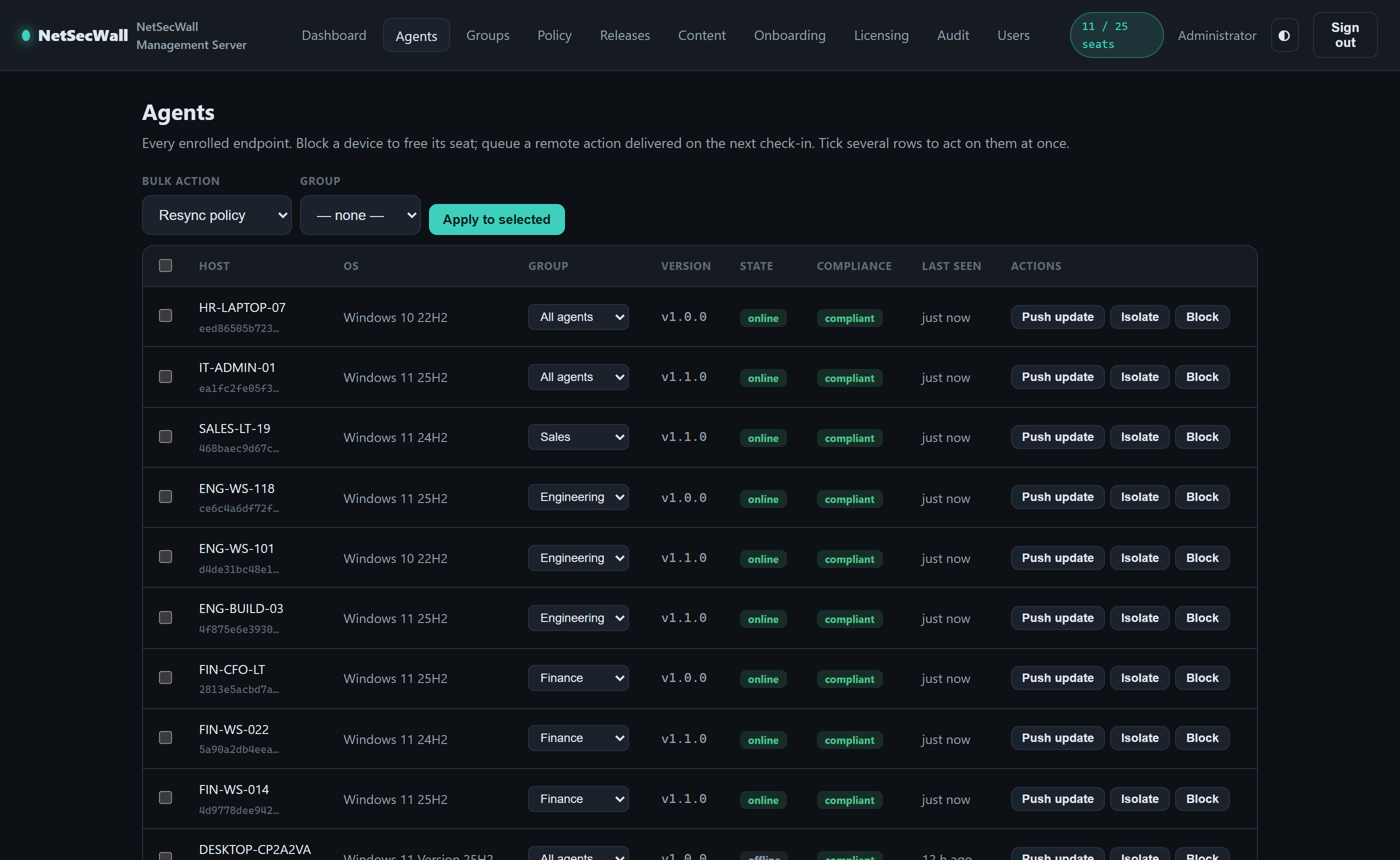 Agents table with groups, compliance, versions, and bulk actions