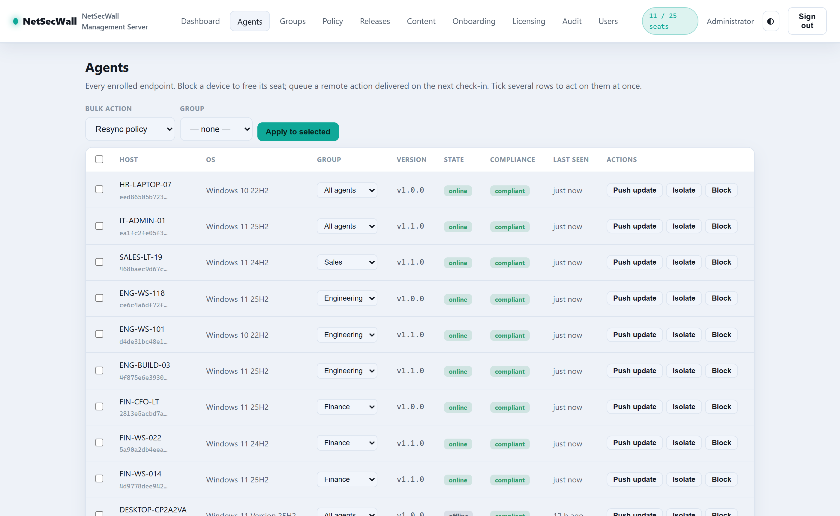 Agents table with groups, compliance, versions, and bulk actions