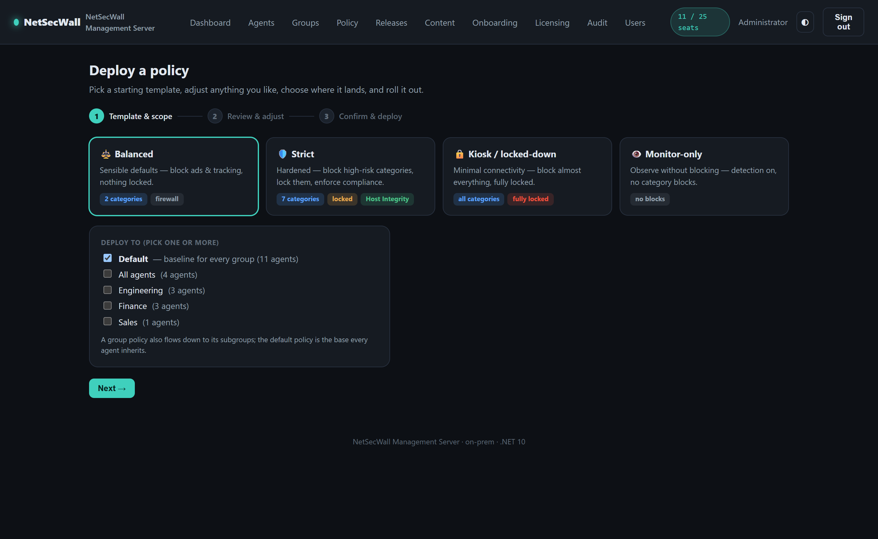 Policy deployment wizard: templates, multi-group targeting, and instant push
